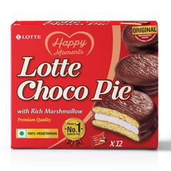 Lotte Choco Pie 12-pack on a store shelf, ideal for quick snacks.