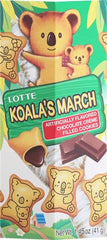 Lotte Koala's March Chocolate Cream cookie bite highlighting crisp wafer texture.