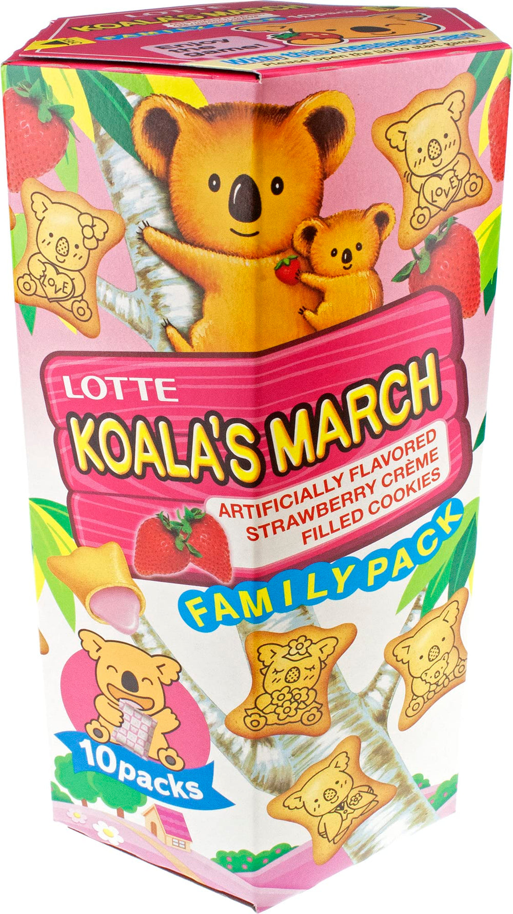 Lotte Koala's March strawberry cream cookie close-up highlighting creamy filling.