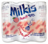 Lotte Milkis Peach Soda bottle front view, refreshing peach flavor with creamy fizz.