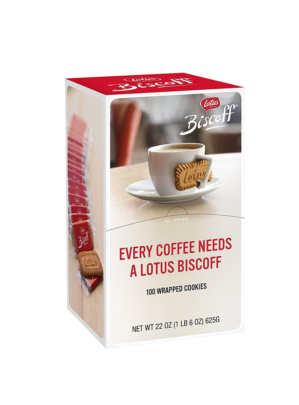 Lotus Biscoff dispenser box displaying 100 vegan caramelized biscuits for office breaks.