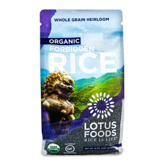 Lotus Foods Forbidden Rice bag showing organic gluten-free black rice.