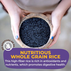 Lotus Foods Forbidden Rice stir-fry plate with vibrant purple grains.