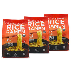 Lotus Foods millet-brown-rice ramen pack shown for quick wholesome meals.