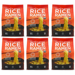 Lotus Foods Millet-Brown Rice Ramen uncooked pack, gluten-free and fiber-rich.