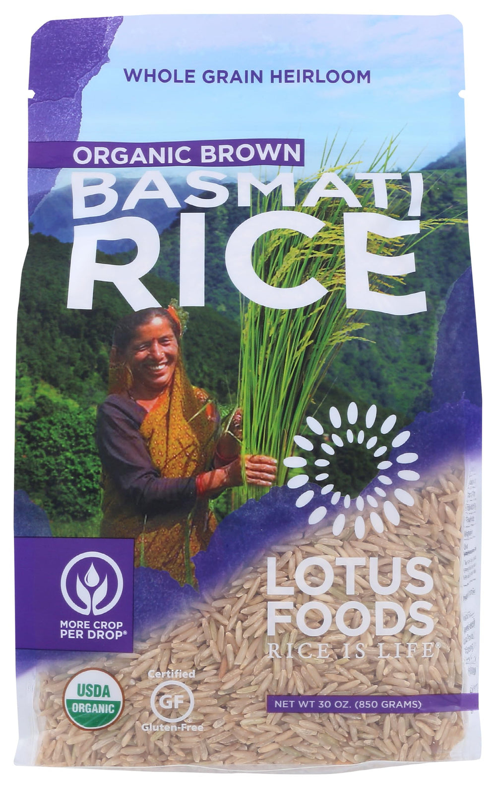 Lotus Foods Organic Brown Basmati Rice pack showing 30 oz bag for pantry use
