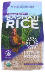 Lotus Foods Organic Brown Basmati Rice pack showing 30 oz bag for pantry use