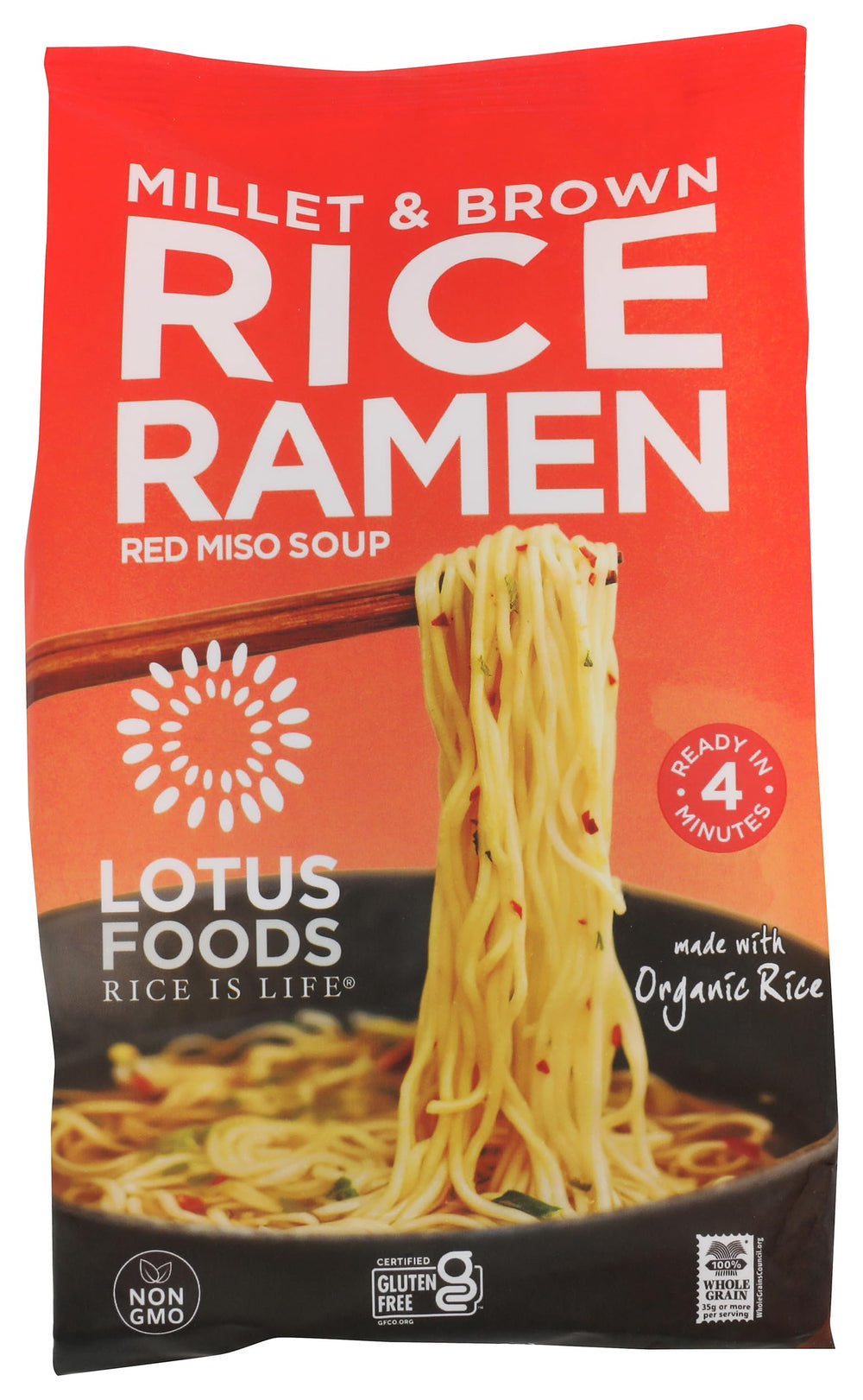Lotus Foods Organic Ramen Miso Millet & Brown packaging, quick meal option.
