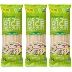 Lotus Foods Pad Thai Noodles pack shot highlights gluten-free, organic status.