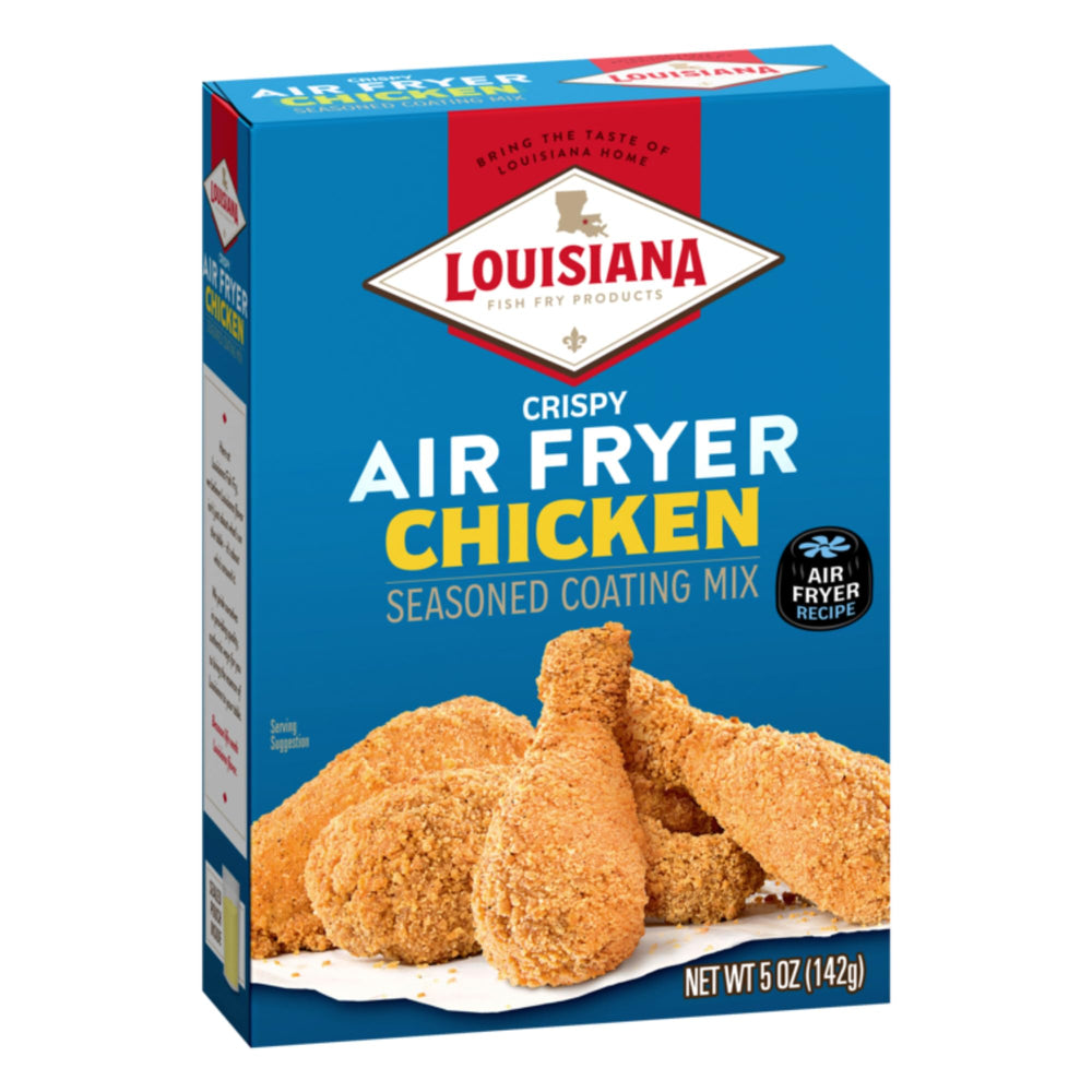 Louisiana Fish Fry air fryer chicken coating mix pack shot shows crispy, even coating.