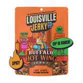 Louisville Vegan Jerky Buffalo Hot Wing bag front showing protein-packed snack for on-the-go.