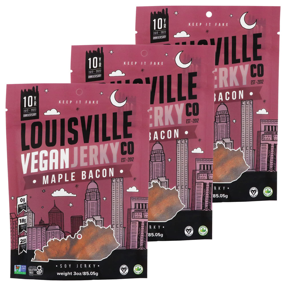 Louisville Vegan Jerky Maple Bacon bag showcases gluten-free, high-protein snack on the go.