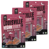 Louisville Vegan Jerky Maple Bacon bag showcases gluten-free, high-protein snack on the go.