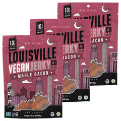 Louisville Vegan Jerky Maple Bacon bag showcases gluten-free, high-protein snack on the go.