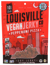 Louisville Vegan Jerky pepperoni pizza bag close-up with smoky, protein-rich bite