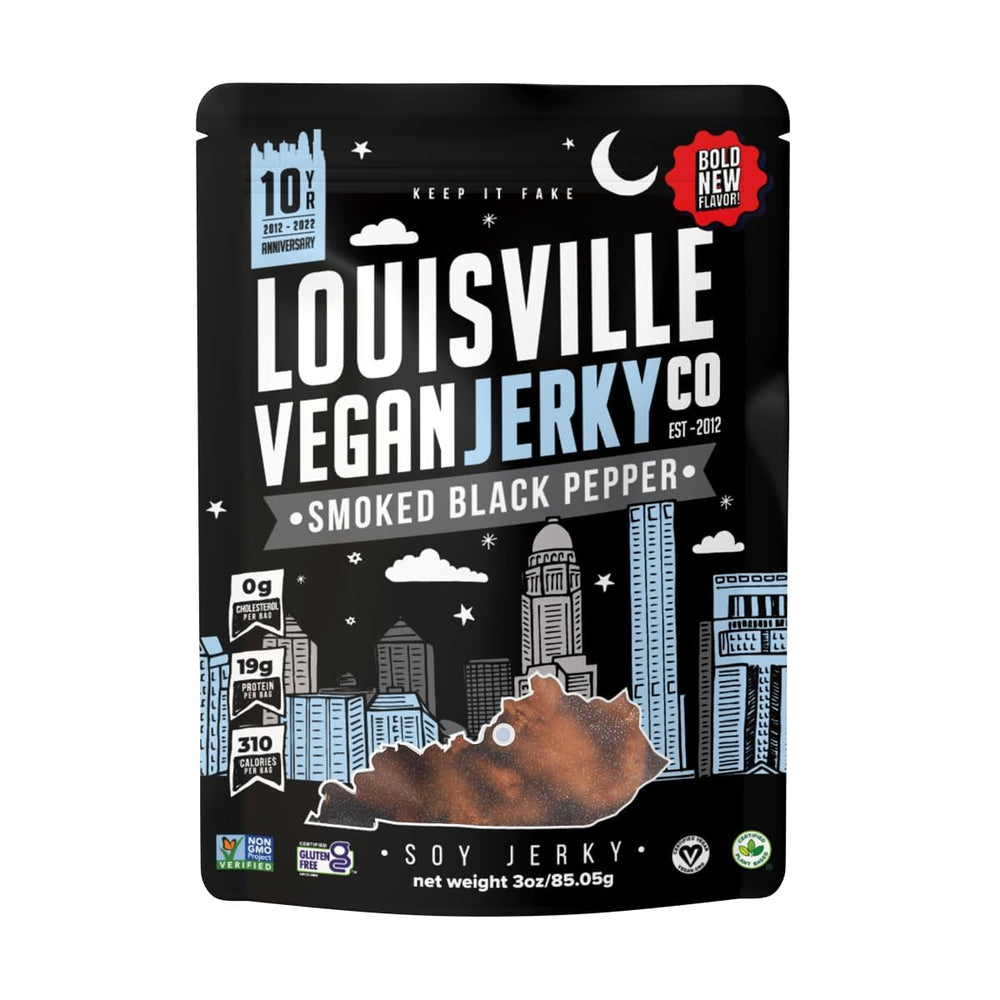 Louisville Vegan Jerky Smoked Black Pepper bag close-up highlighting bold flavor.