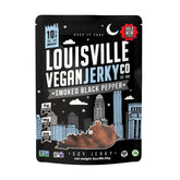 Louisville Vegan Jerky Smoked Black Pepper bag close-up highlighting bold flavor.