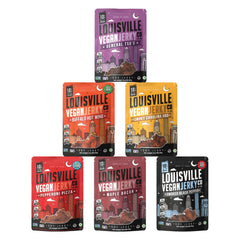 Louisville Vegan Jerky Smoky Carolina BBQ bag highlighting bold smoky flavor for on-the-go snacking.