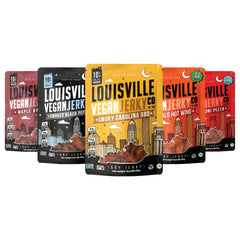 Louisville Vegan Jerky Variety Pack cover showing all five flavors for plant-based snacking