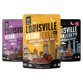Louisville Vegan Jerky Variety Pack front view highlights three bold flavors for versatile snacking.