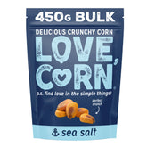 Love Corn Sea Salt 16oz bag on countertop, gluten-free snack for busy days.