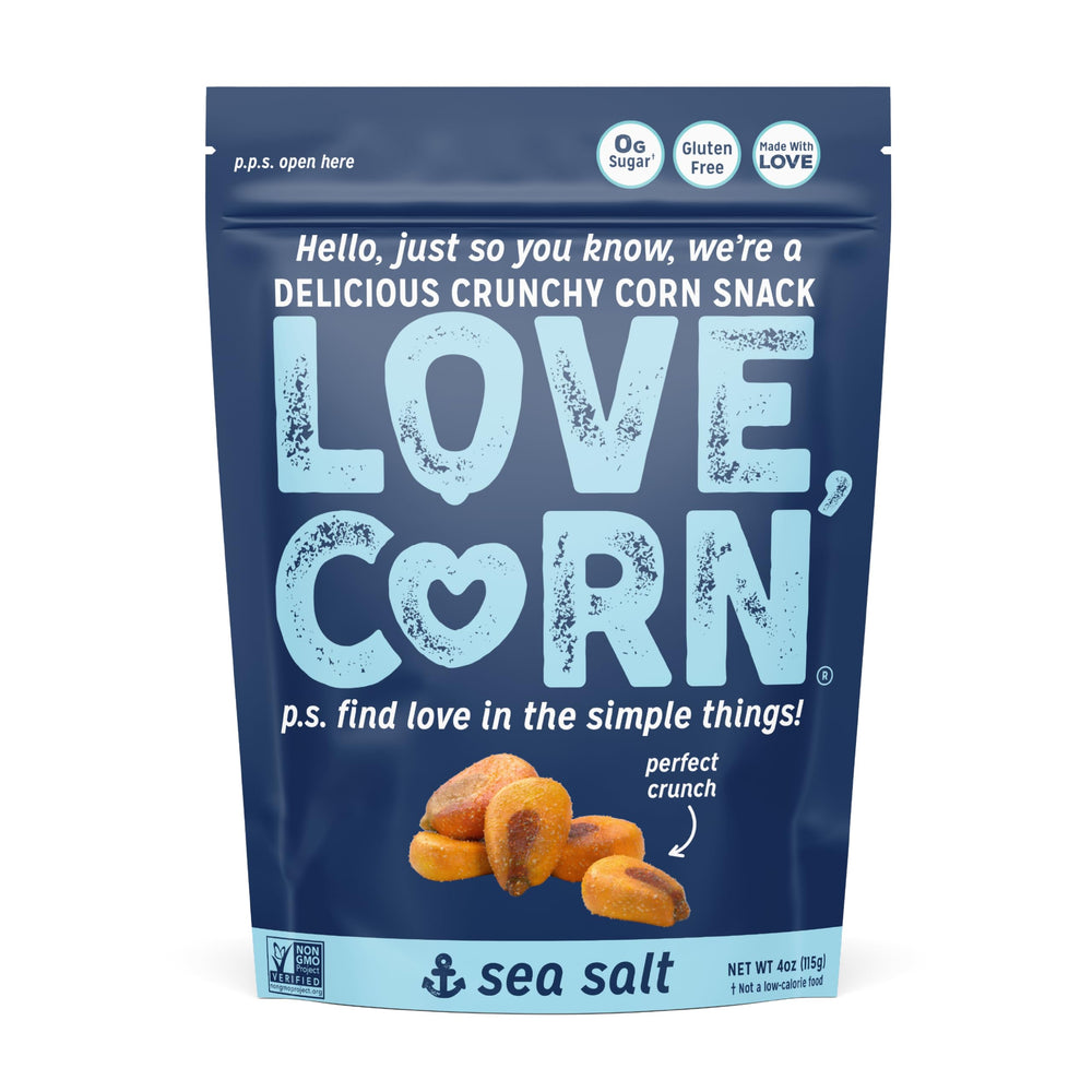 Love Corn Sea Salt bag front showcases simple grab-and-go ingredients