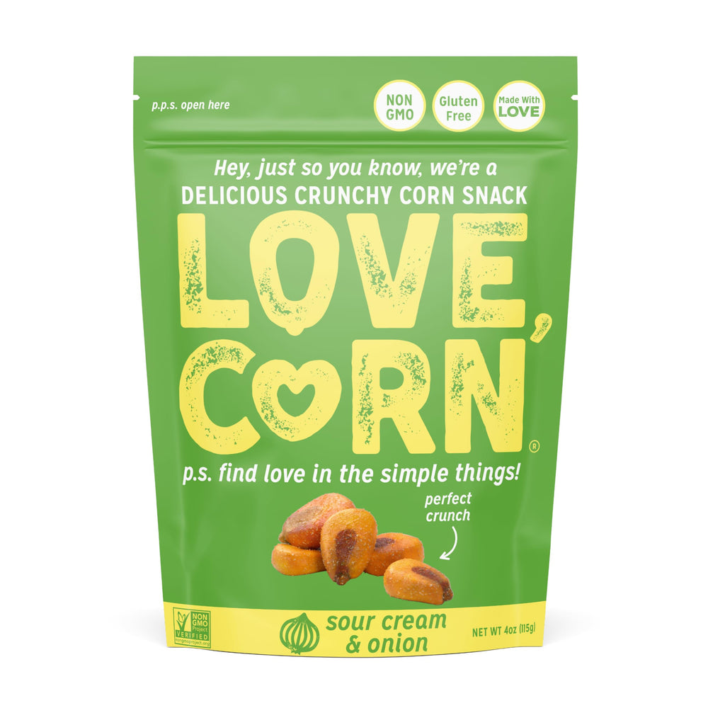 Love Corn Sour Cream & Onion crunchy corn in a 4 oz bag for on-the-go snacking.