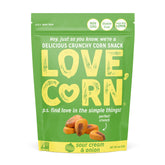 Love Corn Sour Cream & Onion crunchy corn in a 4 oz bag for on-the-go snacking.