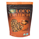 Love Crunch dark chocolate peanut butter granola packaging, highlighting fair trade and organic ingredients.