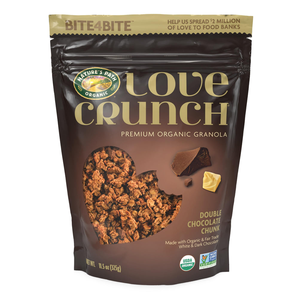 Love Crunch Double Chocolate Chunk Granola pack front view, convenient breakfast option