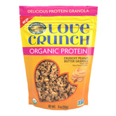 Love Crunch Peanut Butter Protein Granola bag open, showing crisp clusters coated in peanut butter for snacking.