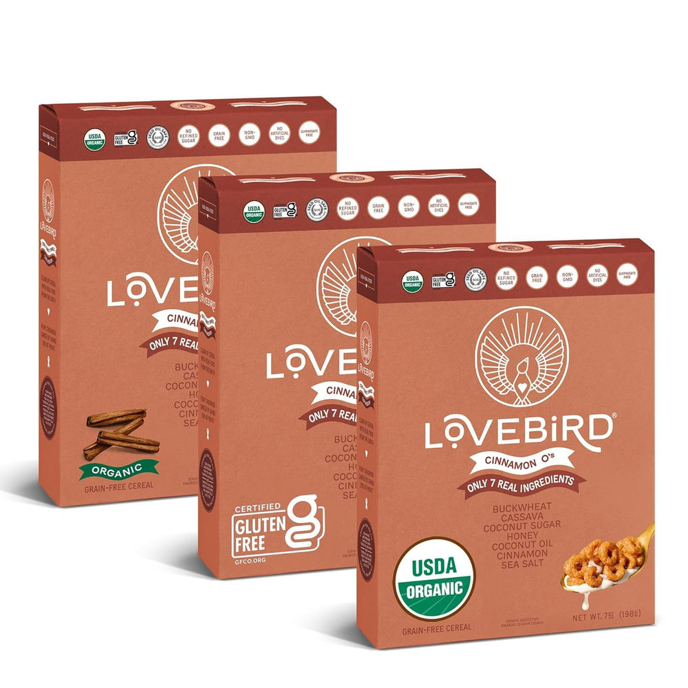 Lovebird Organic Cinnamon Cereal packaging front shows real-food ingredients.