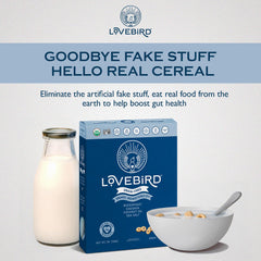 Lovebird Organic Cereal ingredients-front highlights simple, honest real-food components at a glance