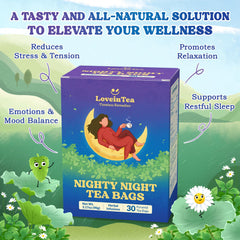 LoveinTea Nighty Night herbal blend closeup—calming Perilla and Chamomile aroma.