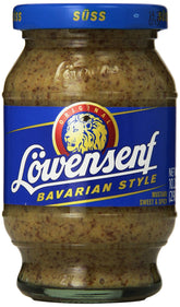 Löwensenf Bavarian Sweet Mustard jar front label highlights natural ingredients.