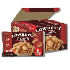 Lowrey's Bacon Curls hot and spicy microwave pork rinds in a six-pack.