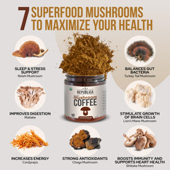 A steaming cup of LRLA La Republica mushroom coffee for a calm morning energy