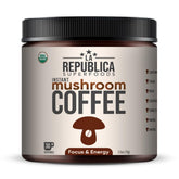 LRLA SUPERFOODS La Republica mushroom coffee jar showing premium blend for steady energy