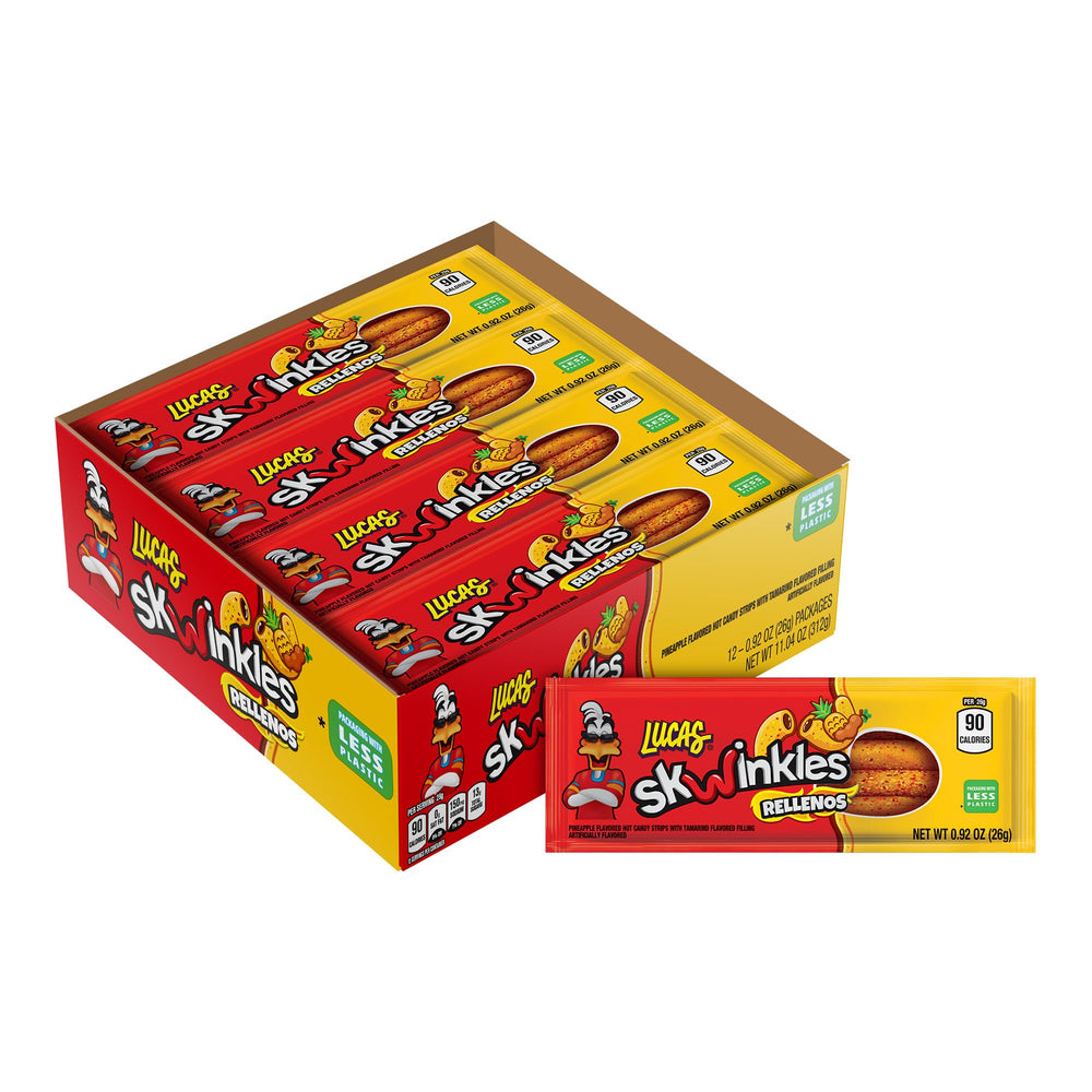 Lucas Skwinkles pineapple-tamarind filled strip packaging, vibrant and party-ready.