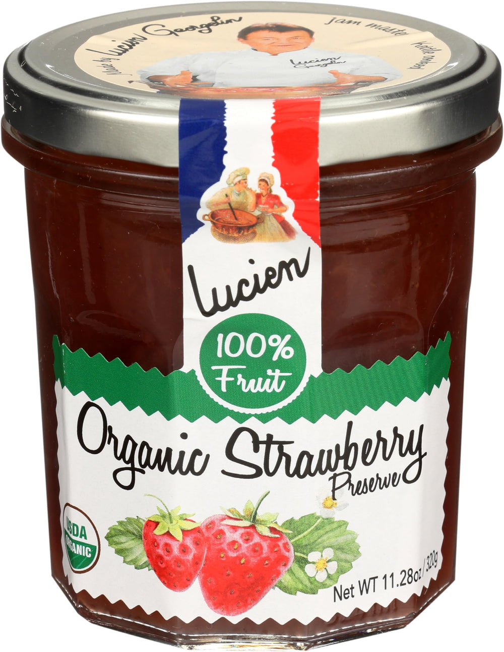 LUCIEN GEORGELIN organic strawberry fruit spread jar on a breakfast board, ideal for quick breakfast