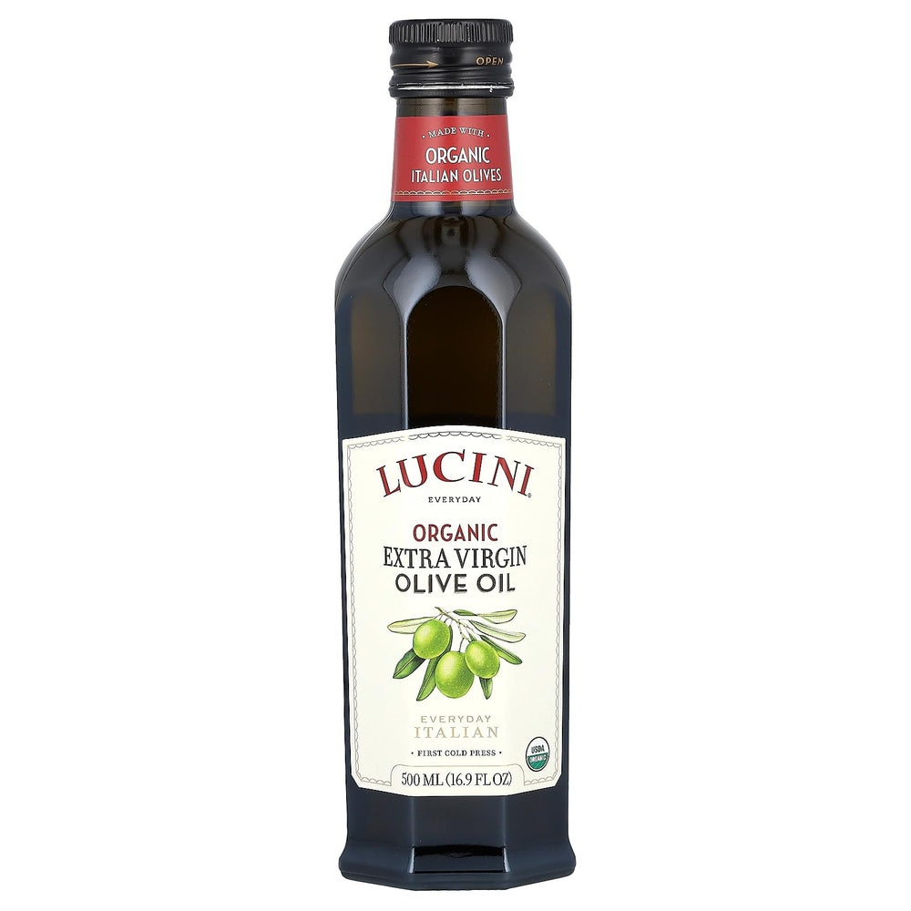 Lucini Organic Everyday Extra Virgin Olive Oil bottle being poured for cooking.