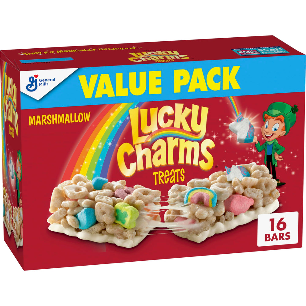 Lucky Charms breakfast cereal bars 16ct pack—portable breakfast option for busy mornings.