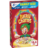Lucky Charms gluten free cereal box showing marshmallow shapes for breakfast.