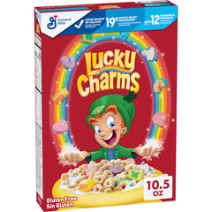Lucky Charms gluten free cereal box with marshmallows, ideal for kid-friendly breakfast
