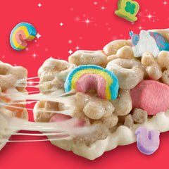 Lucky Charms Treat Bars marshmallows detail, colorful bits highlighted for fun flavor.