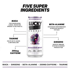 Lucky Energy Bodacious Berry label close-up with maca and ginseng emphasis