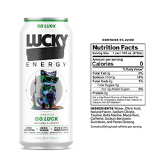Lucky Energy OG Luck can side view emphasizes zero sugar and zero calories