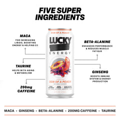 Lucky Energy Son of a Peach can label close-up showing 200 mg caffeine.