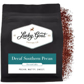Lucky Goat Southern Pecan ground coffee in a 12oz bag with nutty aroma and depth