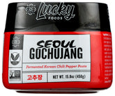 Lucky Seoul gochujang paste jar close-up, bold flavor for bowls.